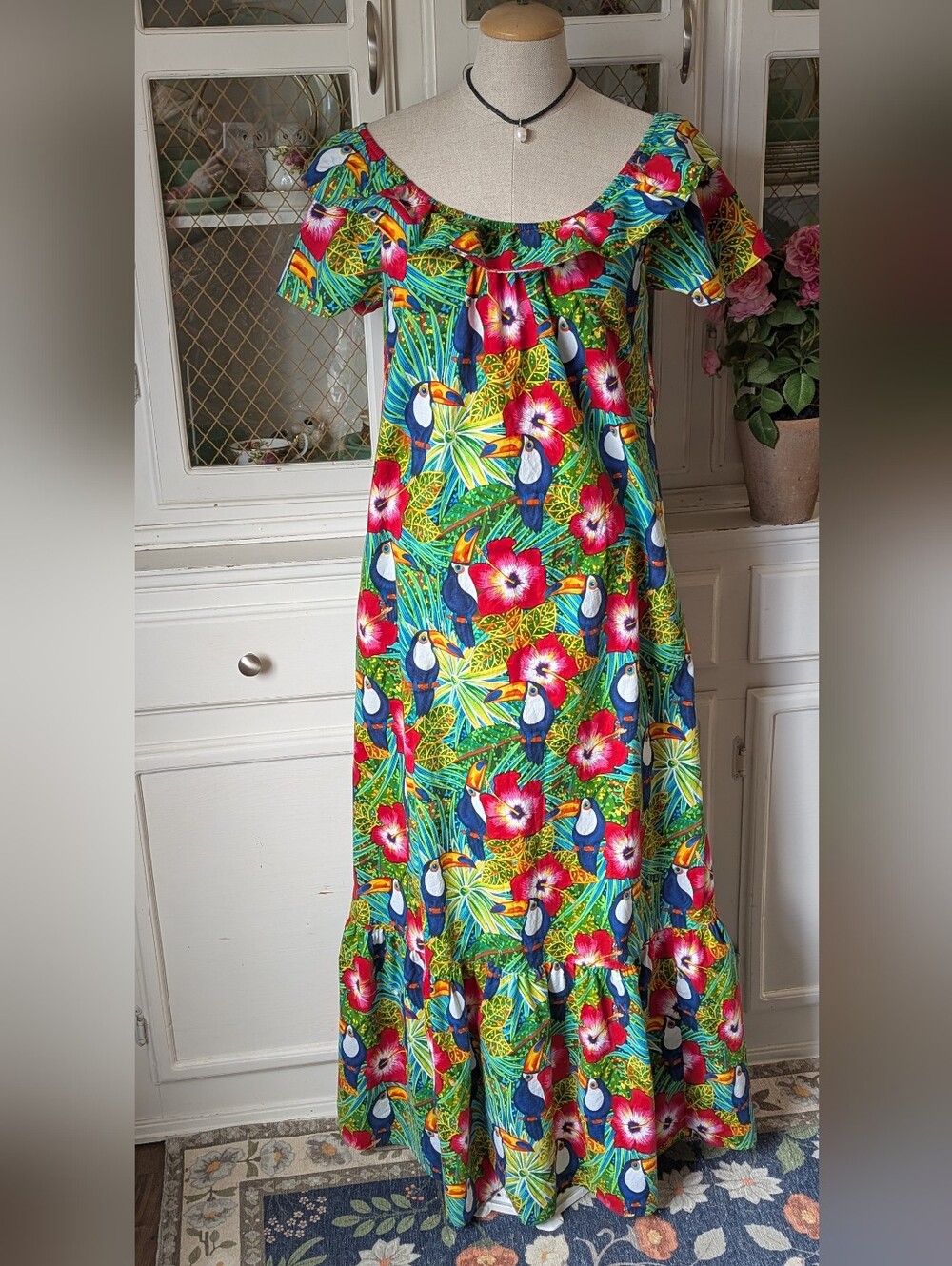 🌺VTG Women's Hawaiian Tropical Toucan Maxi Sundress Vacation Smocked Neckline